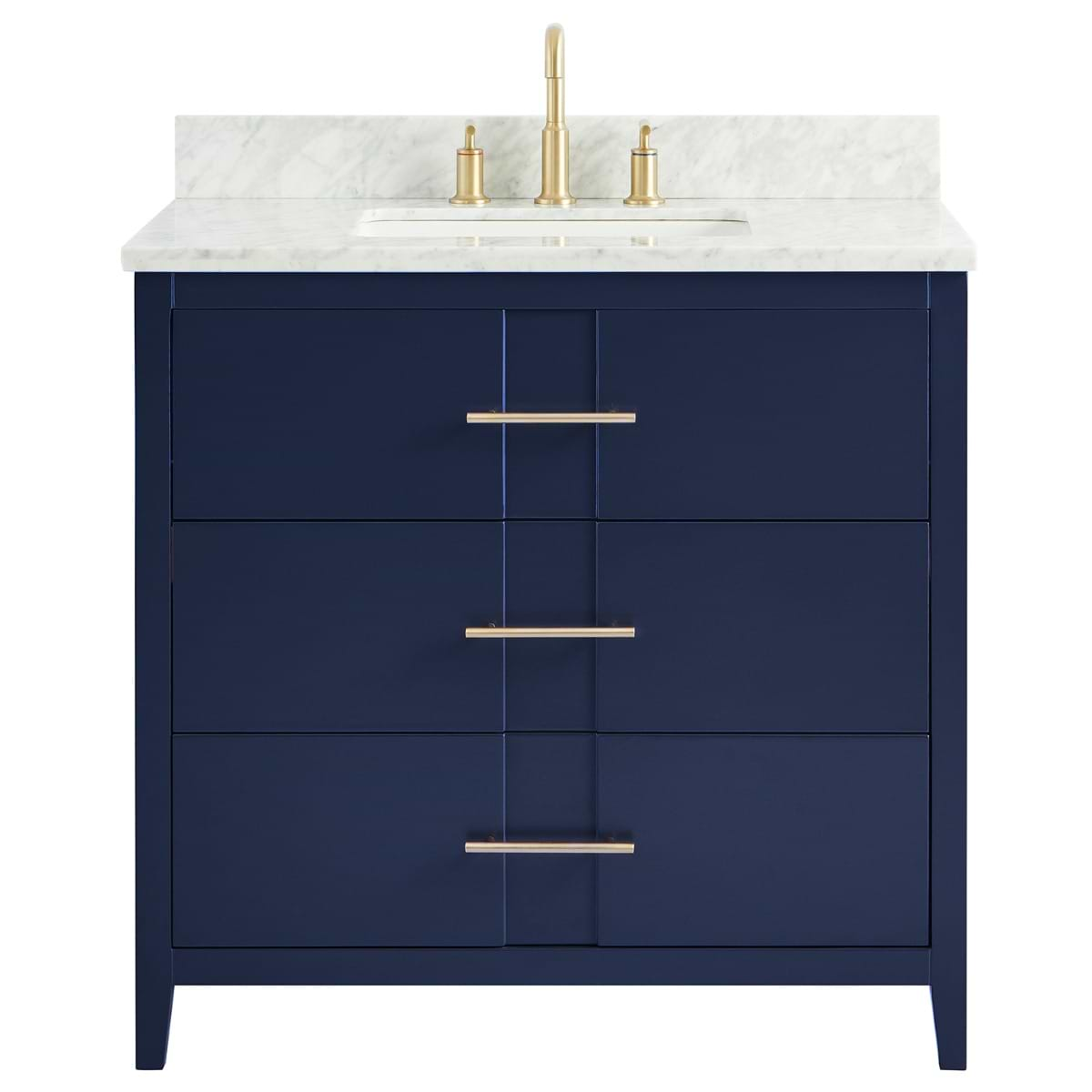 Iconic 36" Navy and Gold Vanity with Carrara Marble Top and Ceramic Basin