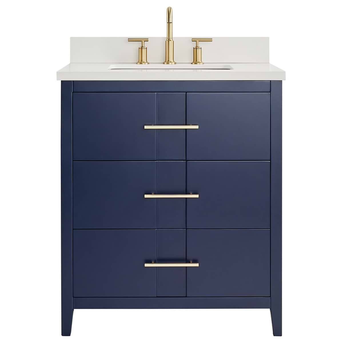 Iconic 30" Navy and Gold Vanity with Pure White Quartz Top and Ceramic Basin