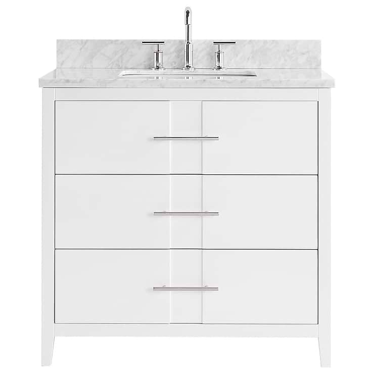 Iconic 36" White and Silver Vanity with Carrara Marble Top and Ceramic Basin