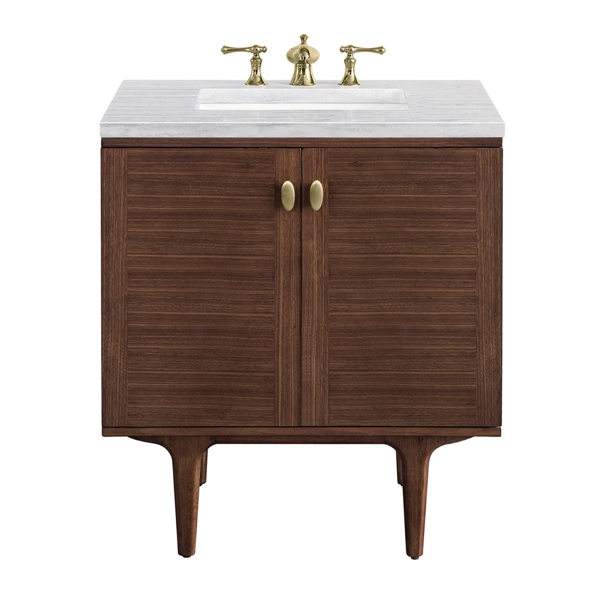 James Martin Vanities Amberly Mid-Century Walnut 30" Single Vanity with Arctic Fall Solid Surface Top