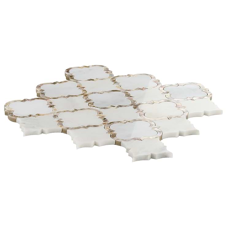 Cassie Chapman Eva White 4" Polished Marble & Mother of Pearl Arabesque Mosaic Tile