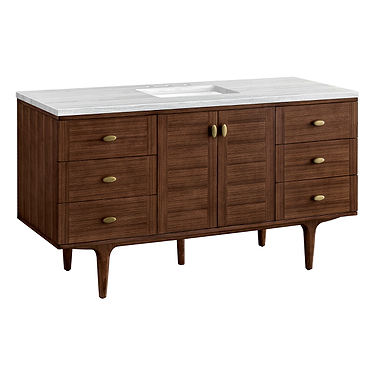 Amberly Mid-Century Walnut 60" Single Vanity with Arctic Fall Solid Surface Top by JMV