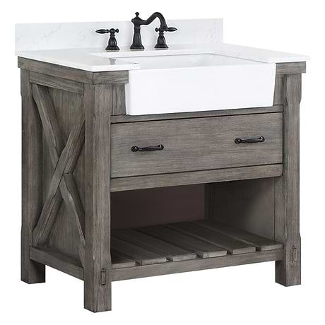 Inwood Gray Oak 36" Single Vanity with White Stone Top and Farmhouse Sink