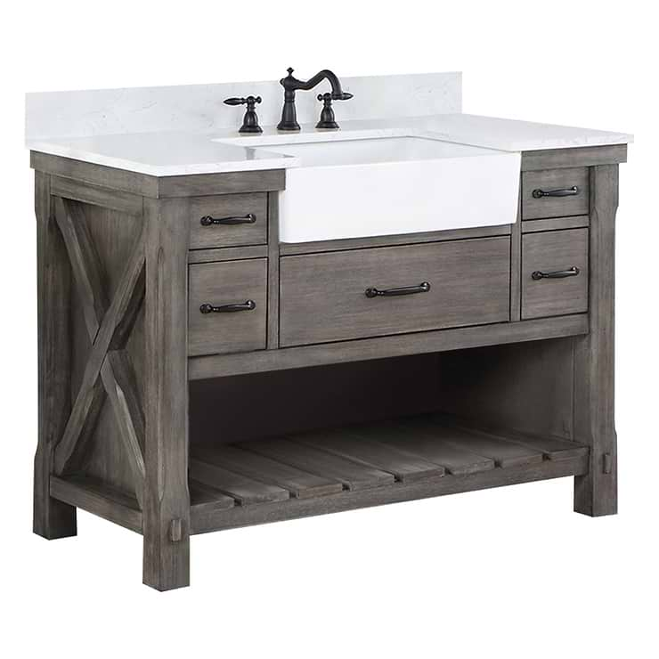 Inwood Gray Oak 48" Single Vanity with White Stone Top and Farmhouse Sink