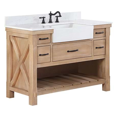 Inwood Blonde Oak 48" Single Vanity with White Stone Top and Farmhouse Sink