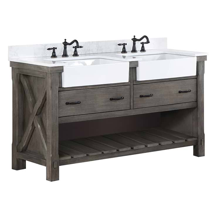 Inwood Gray Oak 60" Double Vanity with White Stone Top and Farmhouse  Sink