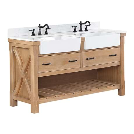 Inwood Blonde Oak 60" Double Vanity with White Stone Top and Farmhouse  Sink