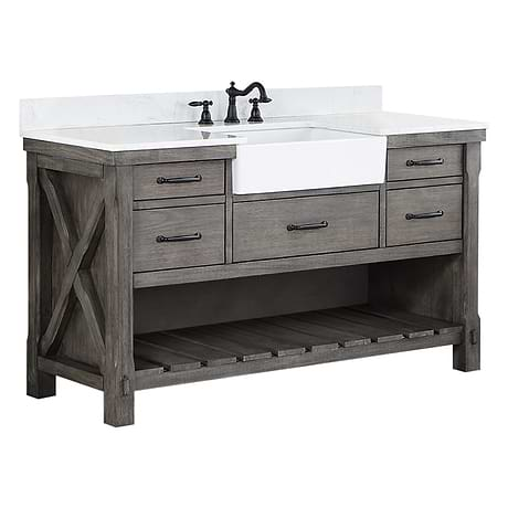 Inwood Gray Oak 60" Single Vanity with White Stone Top and Farmhouse  Sink