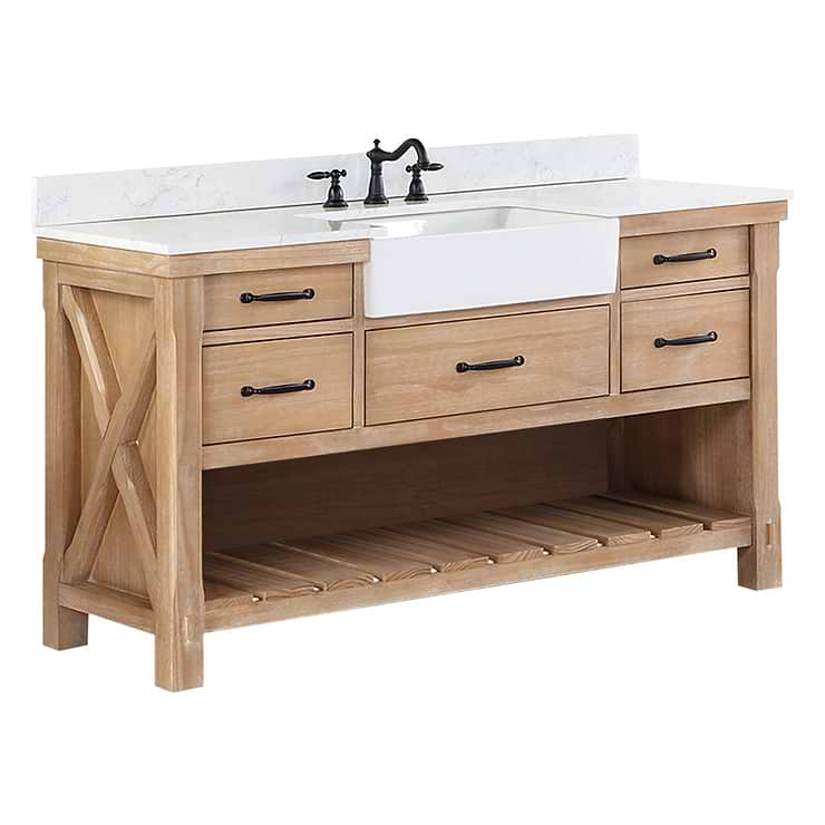 Inwood Blonde Oak 60" Single Vanity with White Stone Top and Farmhouse  Sink