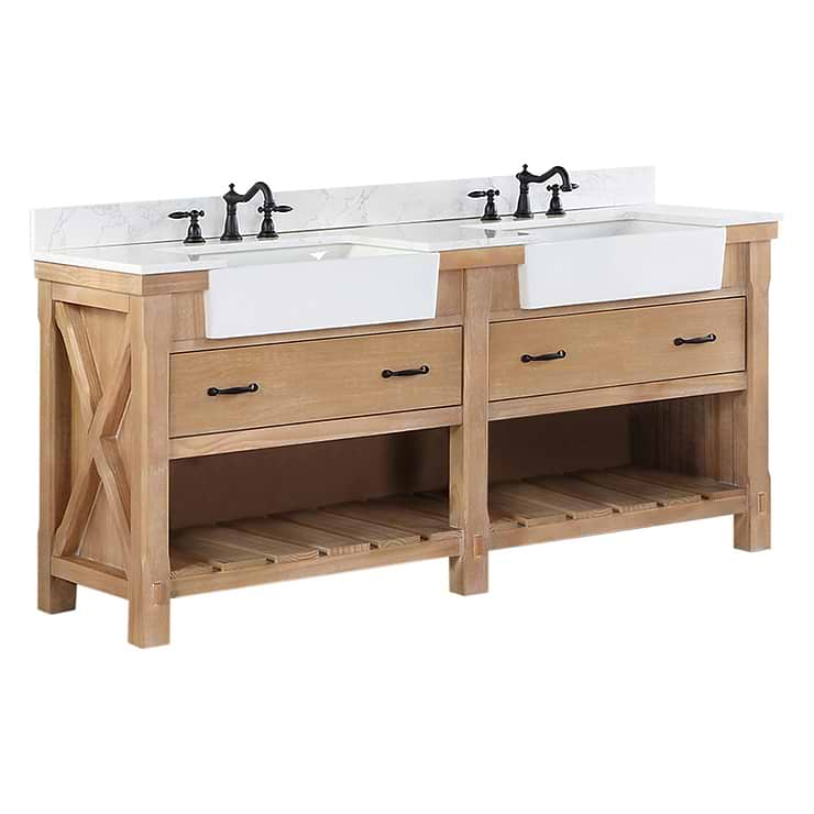 Inwood Blonde Oak 72" Double Vanity with White Stone Top and Farmhouse Sink