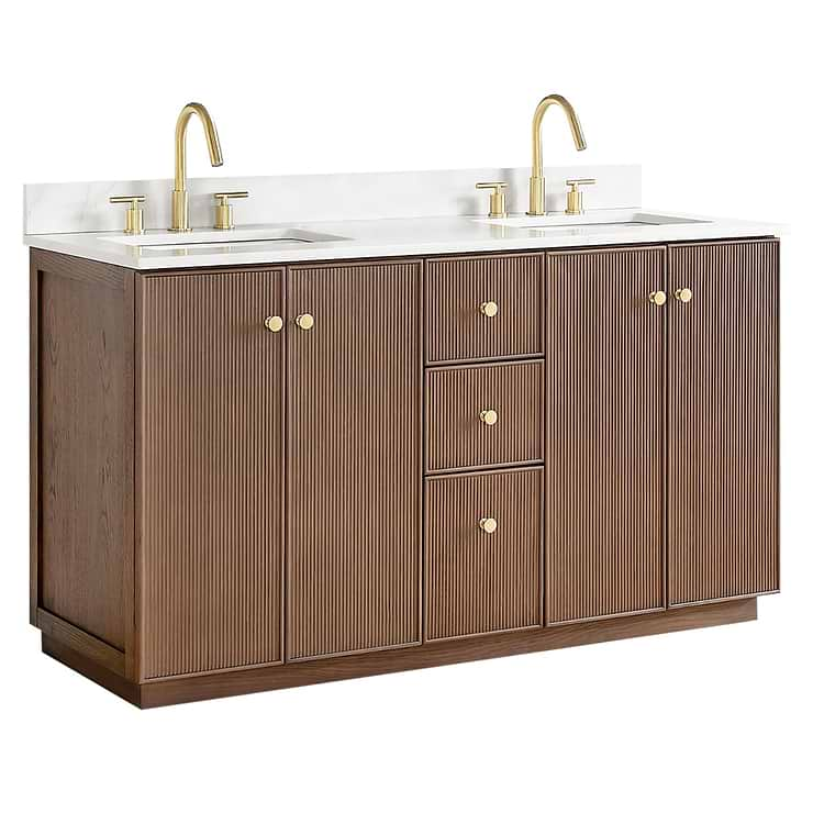 Florencia Brown Oak 60" Double Vanity with Pacific White Quartz Top