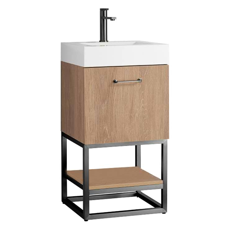 Ithica White Oak 18" Single Vanity and Black Hardware with White Intergrated Top