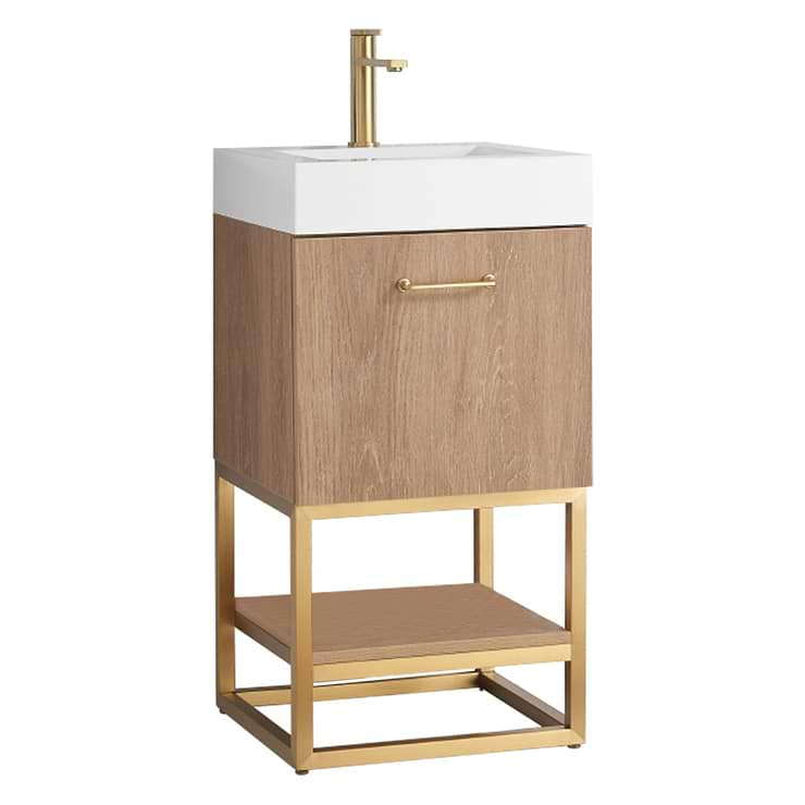 Ithica White Oak 18" Single Vanity and Gold Hardware with White Intergrated Top