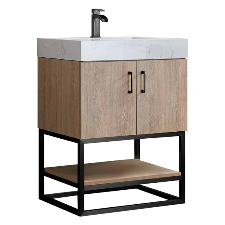 Ithica White Oak 24" Single Vanity and Black Hardware with Atlantic Stone Top