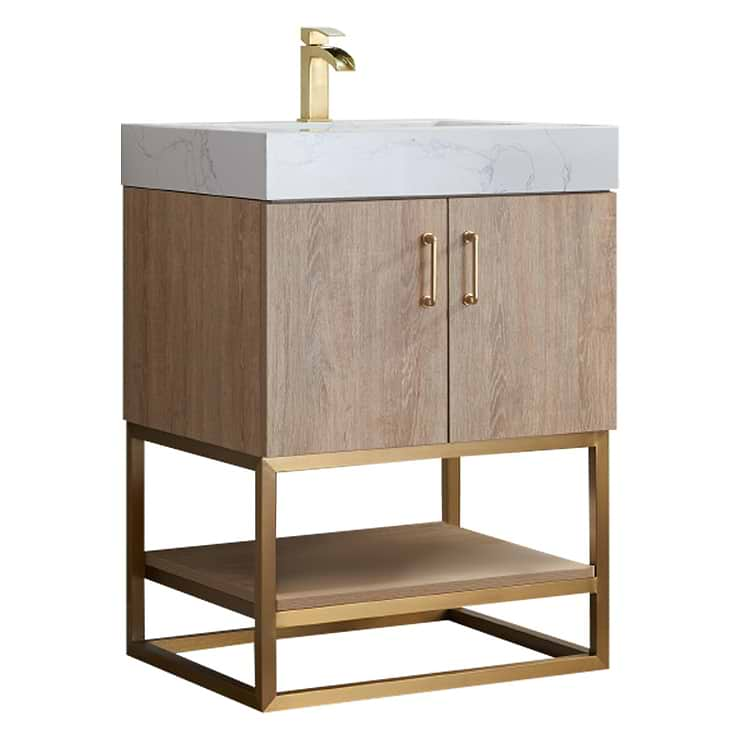 Ithica White Oak 24" Single Vanity and Gold Hardware with Atlantic Stone Top