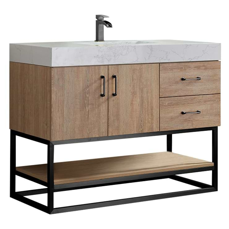 Ithica White Oak 42" Single Vanity and Black Hardware with Atlantic Stone Top