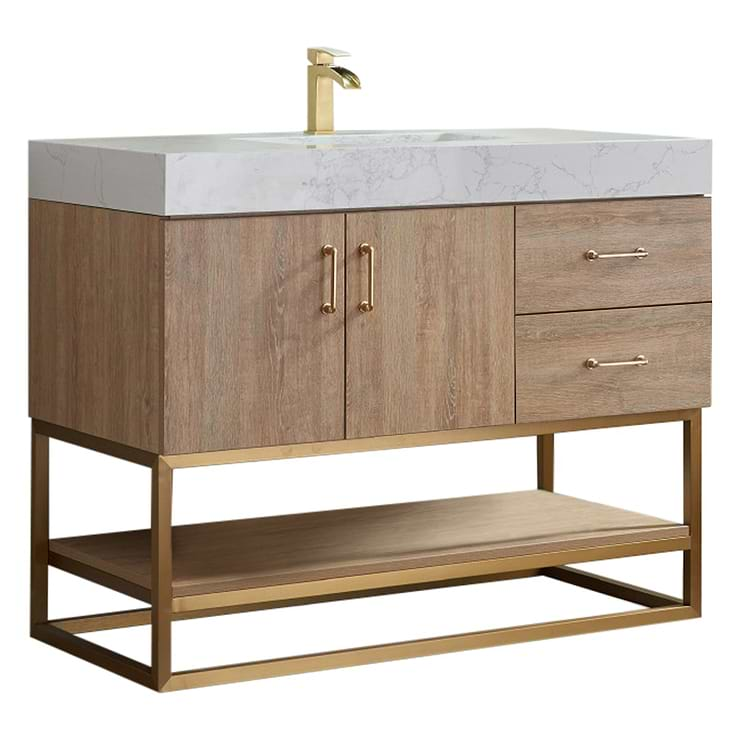 Ithica White Oak 42" Single Vanity and Gold Hardware with Atlantic Stone Top