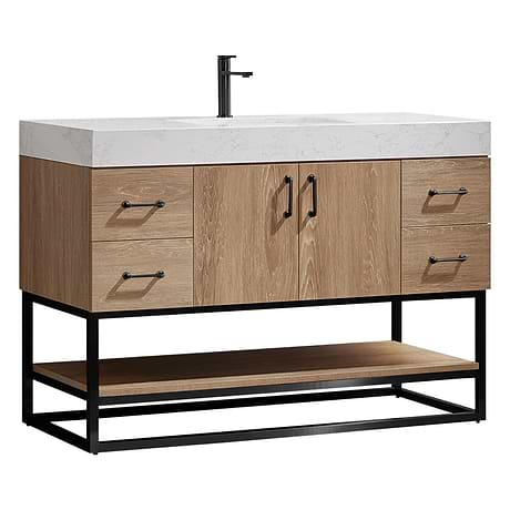 Ithica White Oak 48" Single Vanity and Black Hardware with Atlantic Stone Top