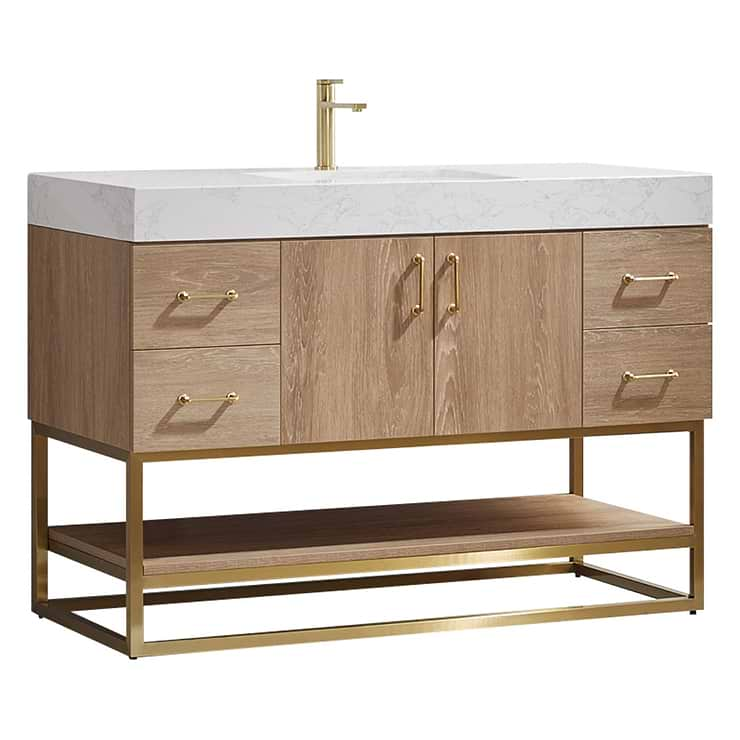 Ithica White Oak 48" Single Vanity and Gold Hardware with Atlantic Stone Top