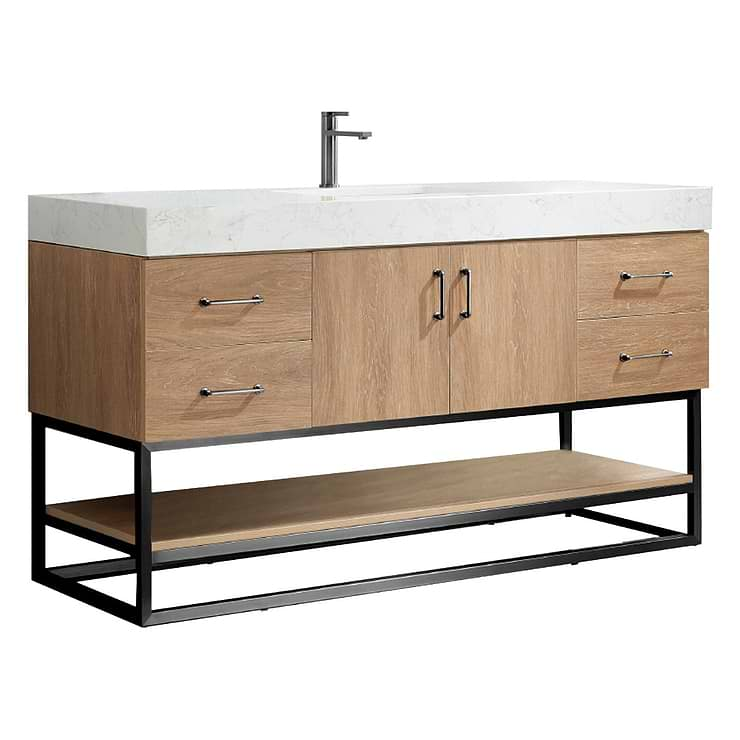 Ithica White Oak 60" Single Vanity and Black Hardware with Atlantic Stone Top