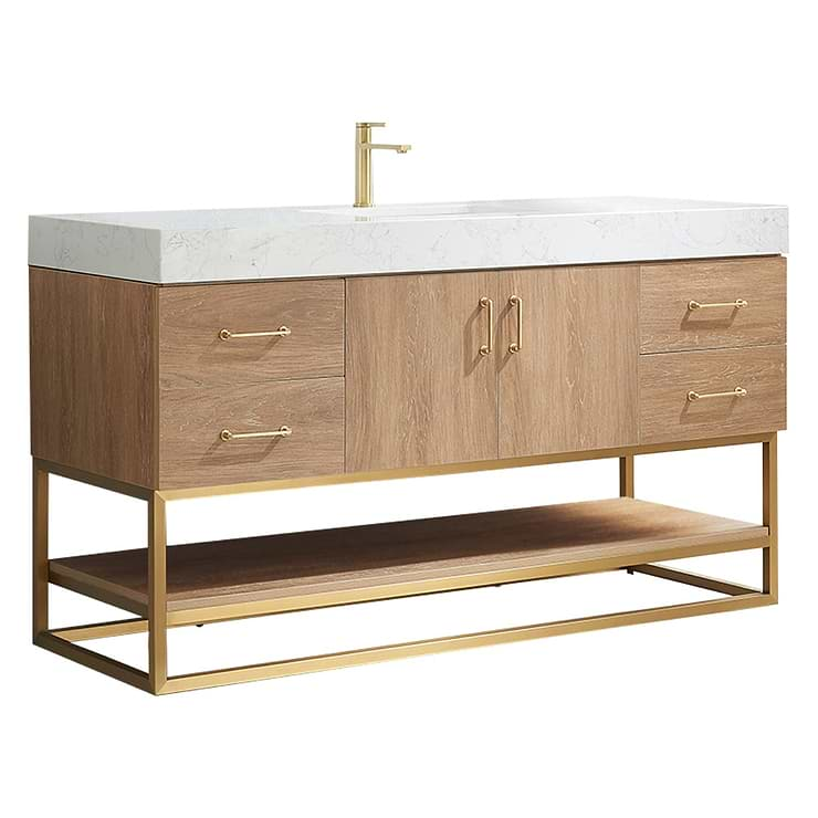 Ithica White Oak 60" Single Vanity and Gold Hardware with Atlantic Stone Top