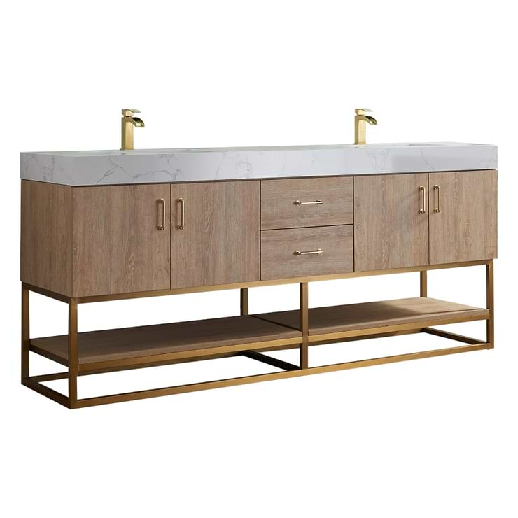 Ithica White Oak 72" Double Vanity and Gold Hardware with Atlantic Stone Top