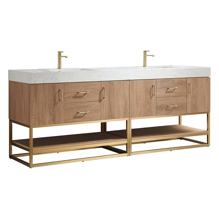 Ithica White Oak 84" Double Vanity and Gold Hardware with Atlantic Stone Top