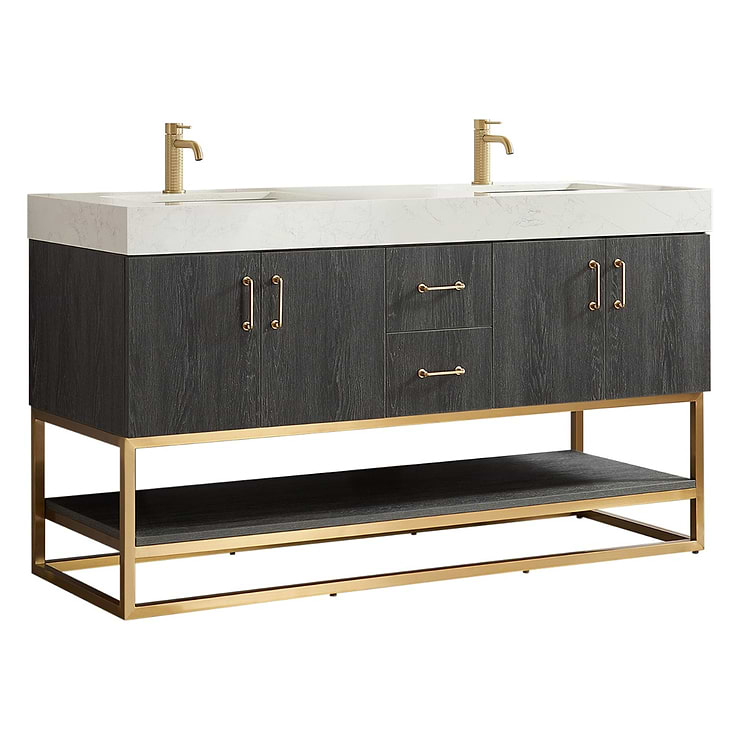 Ithica Black Oak 60" Double Vanity and Gold Hardware with Atlantic Stone Top