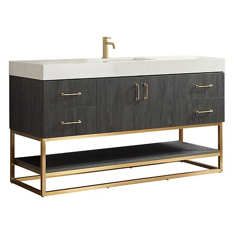 Ithica Black Oak 60" Single Vanity and Gold Hardware with Atlantic Stone Top