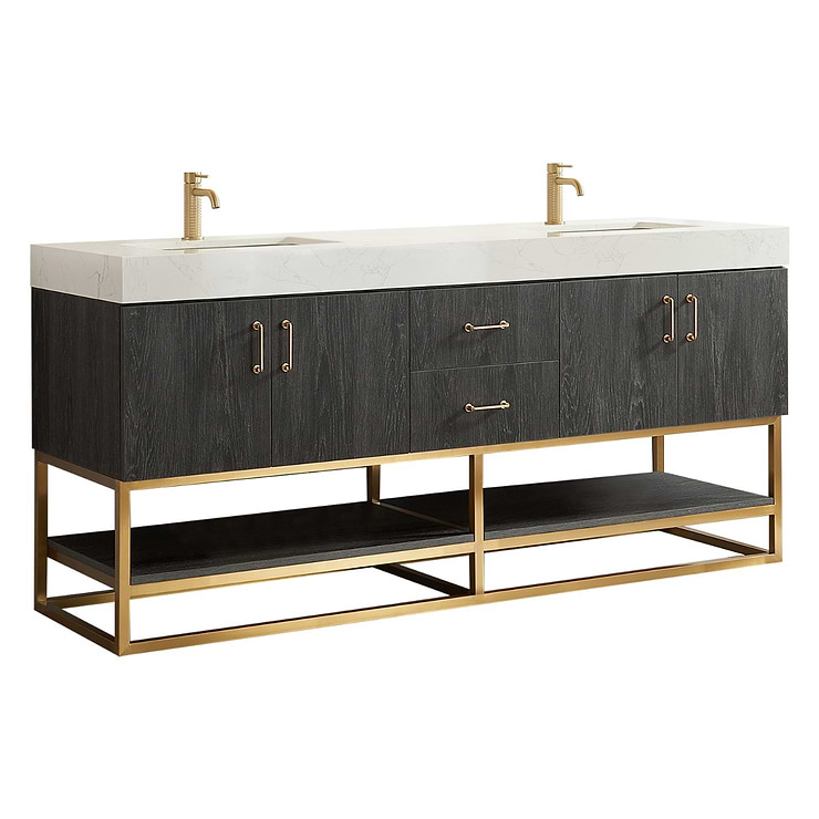 Ithica Black Oak 72" Double Vanity and Gold Hardware with Atlantic Stone Top