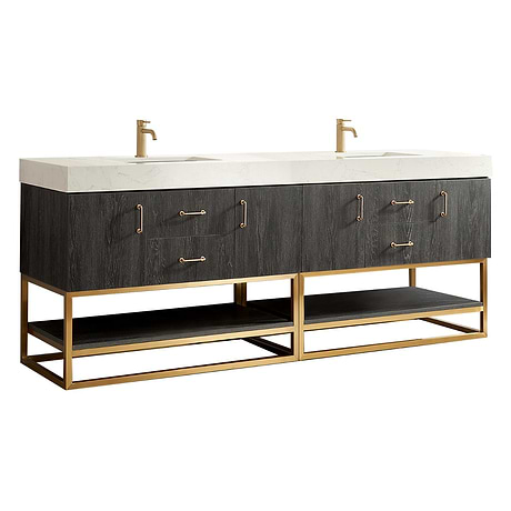 Ithica Black Oak 84" Double Vanity and Gold Hardware with Atlantic Stone Top