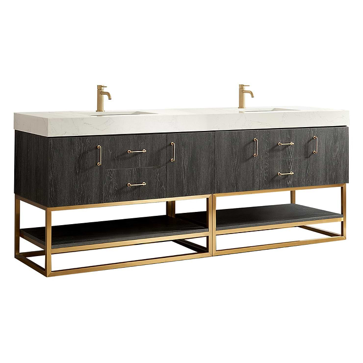 Ithica Black Oak 84" Double Vanity and Gold Hardware with Atlantic Stone Top