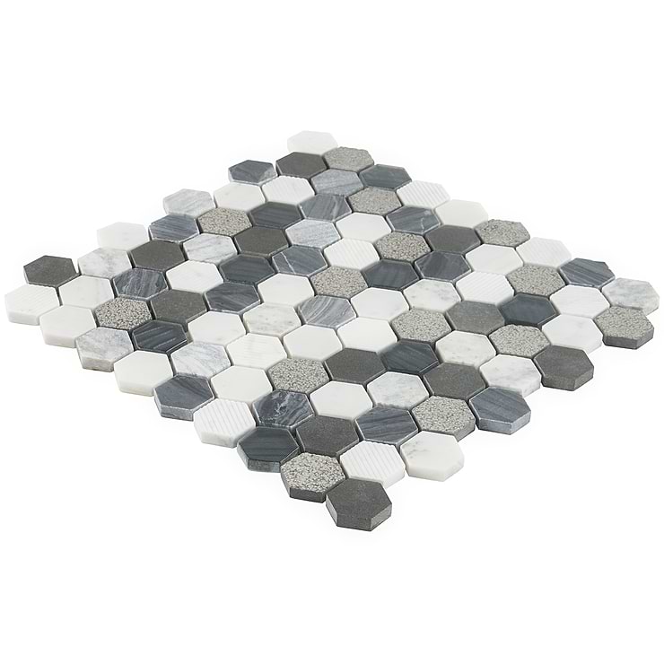 Esker Oxford Gray Hexagon Textured Marble Mosaic; in White, Gray, and Black Marble + Glass; for Backsplash, Bathroom Wall, Kitchen Wall, Shower Wall, Wall Tile; in Style Ideas Classic, Industrial, Rustic, Traditional, Transitional