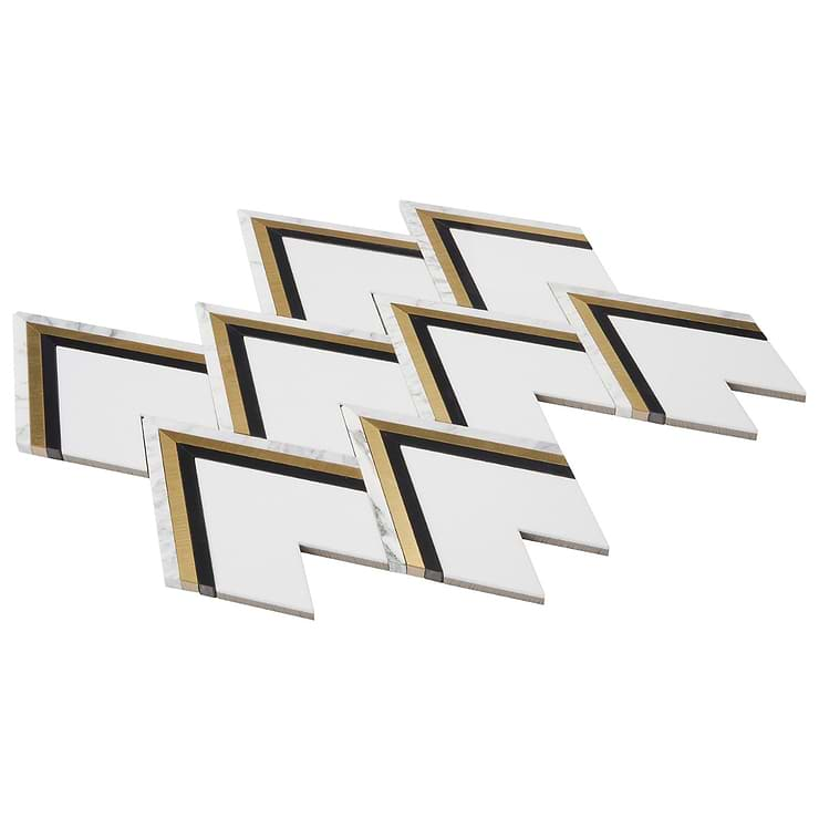 VZAG Nero White Black and Gold 6" Polished Marble & Brass Mosaic Tile by Vanessa Deleon