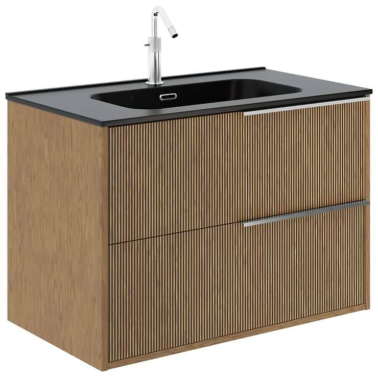 Kora Art Faux Fluted 32" Single Vanity with Integrated Black Ceramic Top & Silver Handles