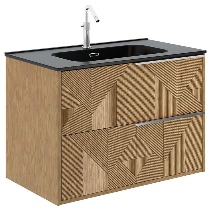 Kora Geo Faux Fluted 32" Single Vanity with Integrated Black Ceramic Top & Silver Handles