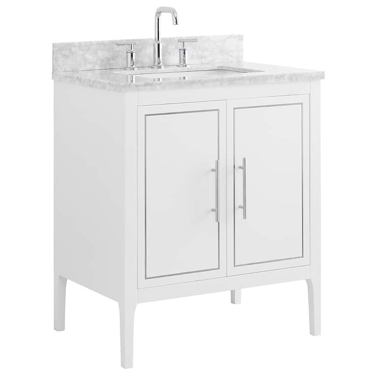 Province White and Silver 30" Single Vanity with Carrara Marble Top; in Style Ideas Classic, Mid Century, Traditional, Transitional