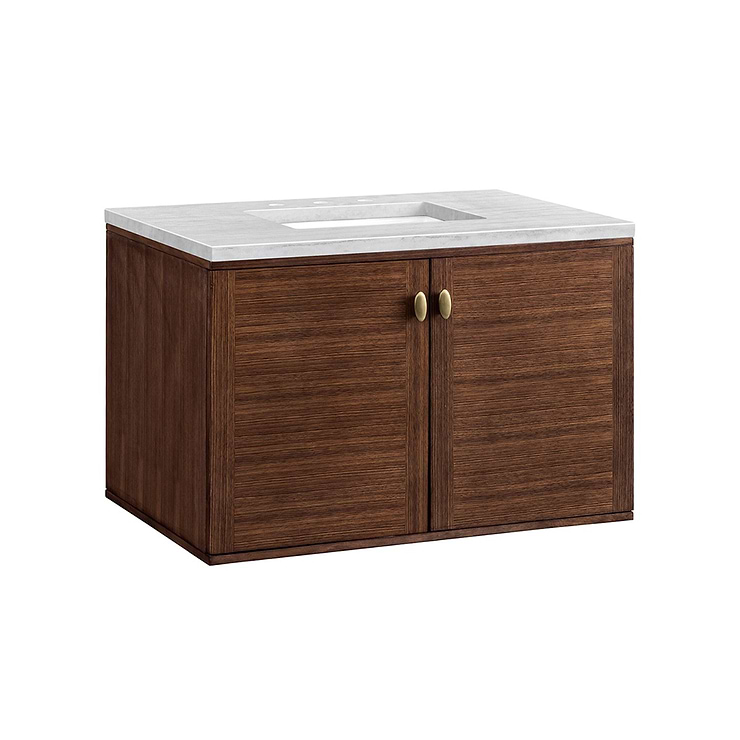 James Martin Vanities Amberly Mid-Century Walnut 36" Single Vanity with Arctic Fall Solid Surface Top