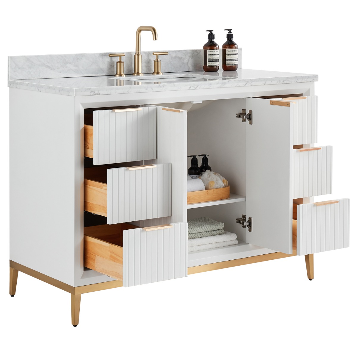 Bungalow White and Gold 48" Single Vanity with Carrara Marble Top