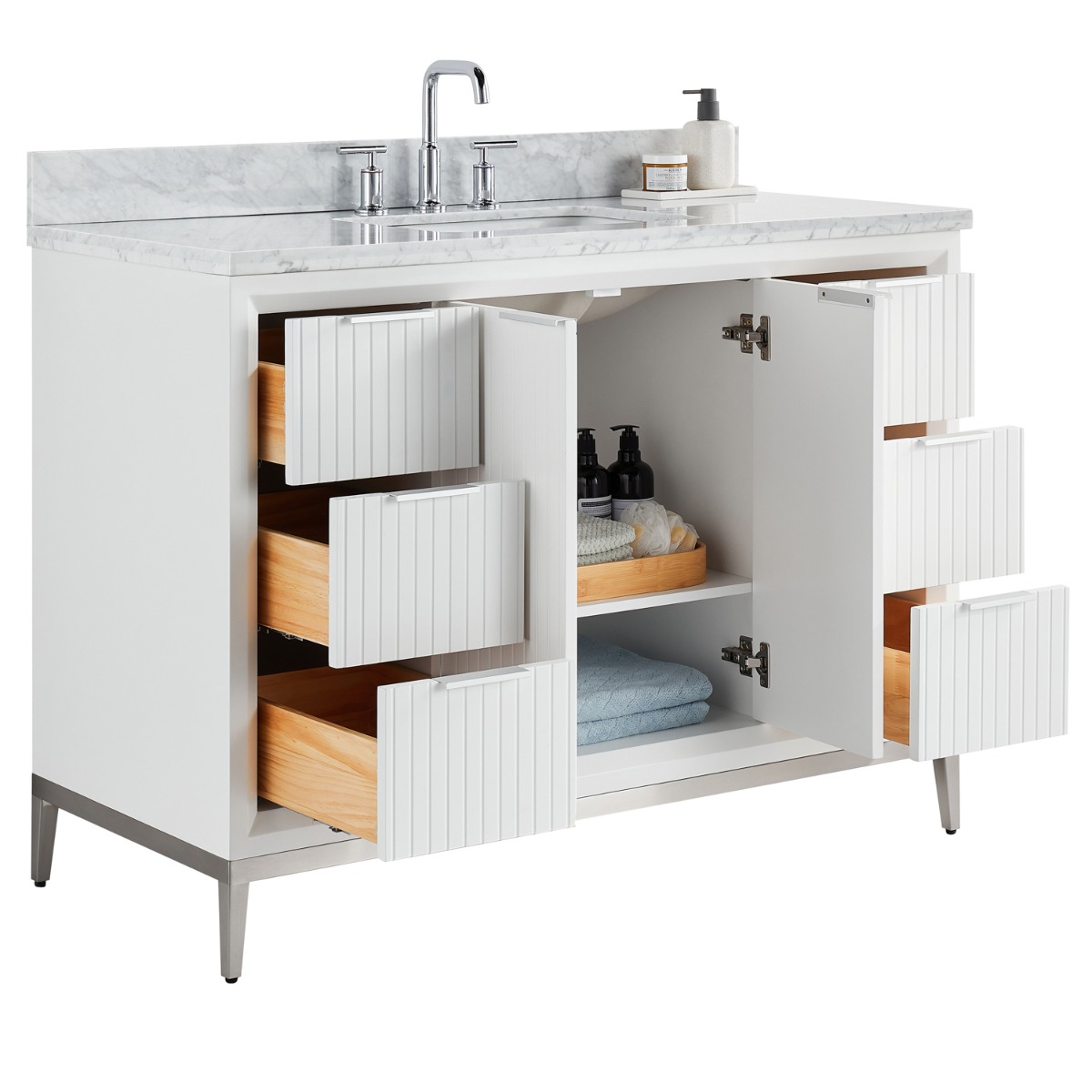 Bungalow White and Silver 48" Single Vanity with Carrara Marble Top