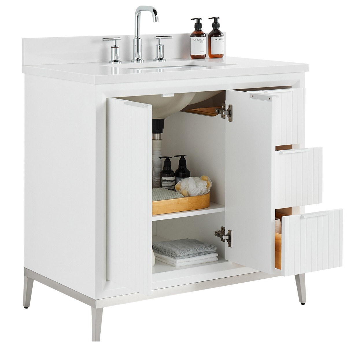 Bungalow White and Silver 36" Single Vanity with Pure White Quartz Top