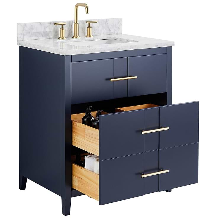 Iconic 30" Navy and Gold Vanity with Carrara Marble Top and Ceramic Basin