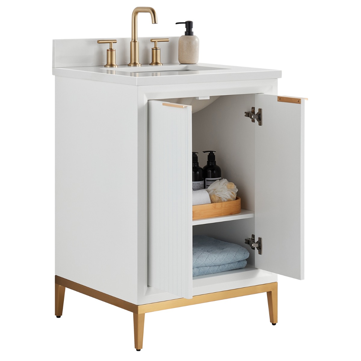 Bungalow White and Gold 24" Single Vanity with Pure White Quartz Top