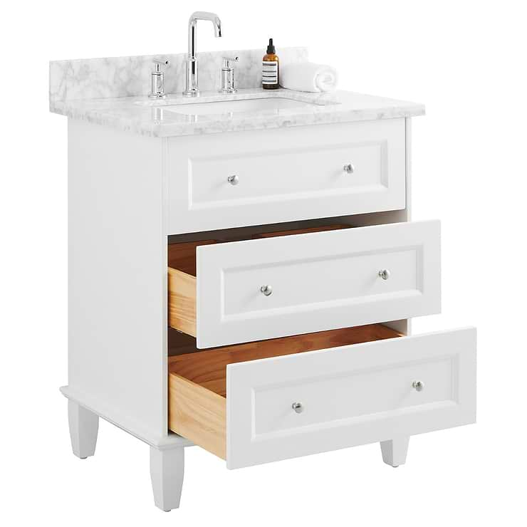 Nora 30" White Vanity with Carrara Marble Top and Ceramic Basin