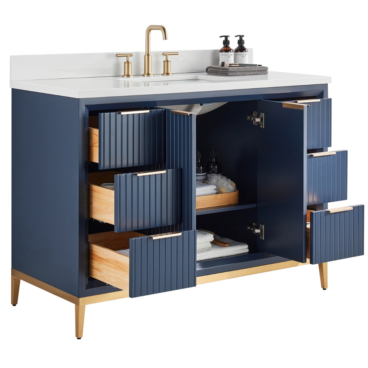 Bungalow Navy and Gold 48" Single Vanity with Pure White Quartz Top