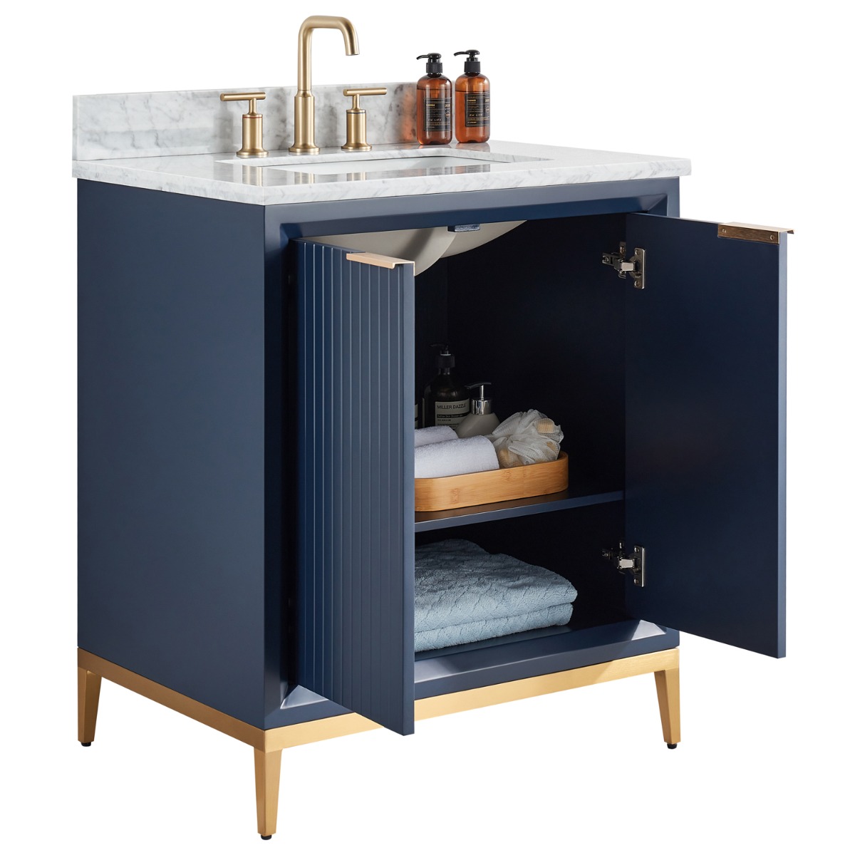 Bungalow Navy and Gold 30" Single Vanity with Carrara Marble Top