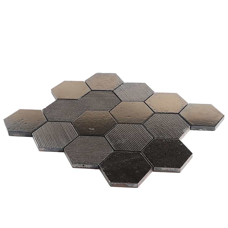 Magma Hexagon Mixed Bronze 3" Polished Lava Stone Mosaic Tile