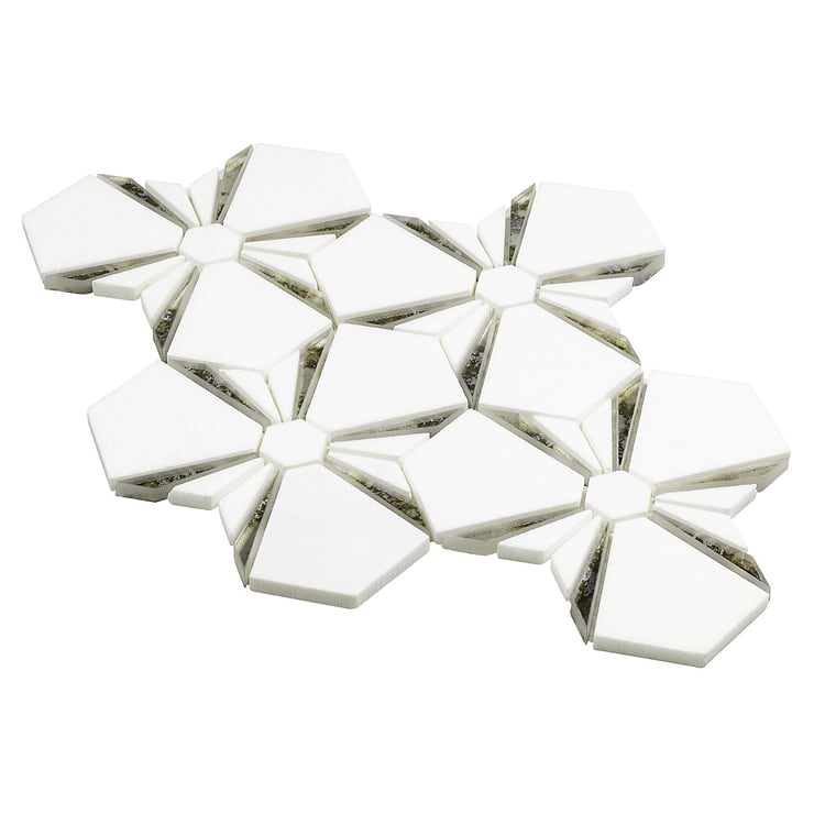 Euphoria Glass Arctic Silver Mixed Hexagon Polished Thassos Marble Mosaic Tile
