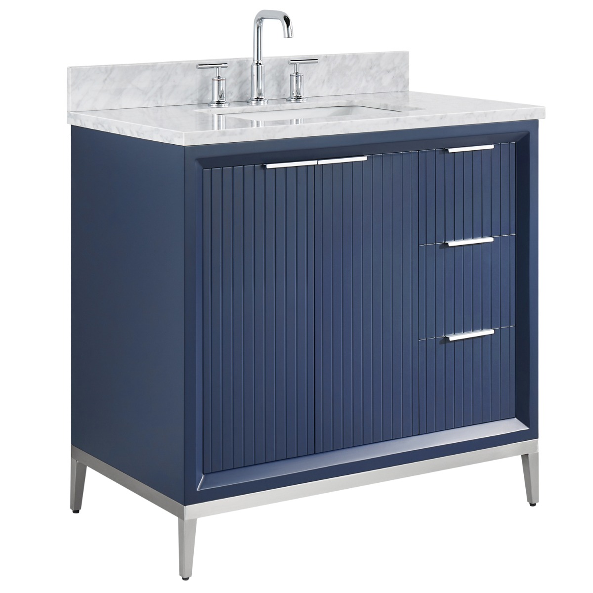 Bungalow Navy and Silver 36" Single Vanity with Carrara Marble Top