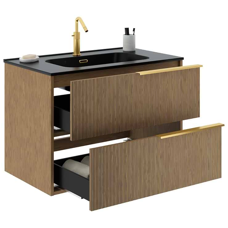 Kora Art Faux Fluted 32" Single Vanity with Integrated Black Ceramic Top & Gold Handles